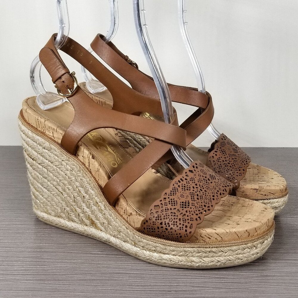 Salvatore Ferragamo Gioela Espadrille Wedge Sandal, Brown, Womens Size 10 B